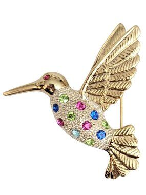 Premier Design Gold Tone Multicolor Rhinestone Bird Brooch Pin, Signed